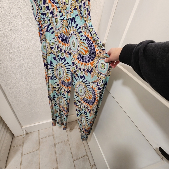 Tropical Paisley Sleeveless Wide Leg Jumpsuit with Cork Look Buttons - Picture 2 of 7